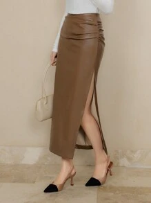 EastFlair Women Elegant Quality Solid Color Ruched High Slit PU Skirt - Coffee Brown - View 3