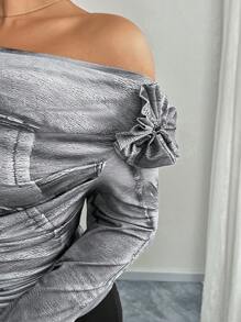 Calvaya Bộ đồ dệt kim giặt hoa hở vai cỡ lớn - Xám - Xem 3
