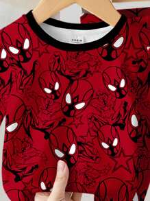 SHEIN Young Boy's Red Superhero Graphic Casual Tight-Fit Cozy Minimalist Thick Long Sleeve Crew Neck & Long Pants Loungewear Set, Suitable For Autumn/Winter