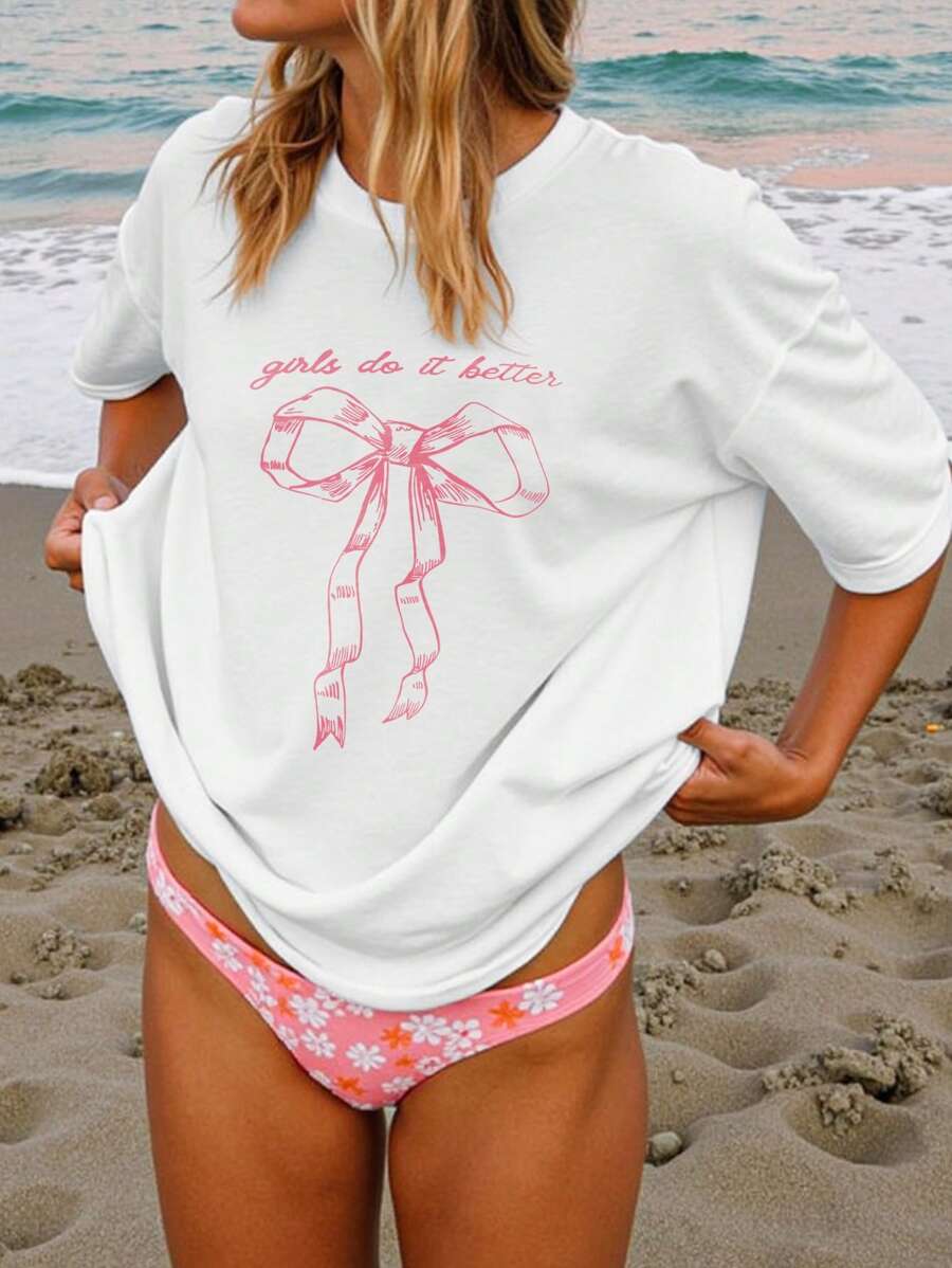 INAWLY Áo thun cổ tròn tay ngắn in chữ và nơ, áo thun họa tiết thường ngày cho nữ - trắng - Xem 1