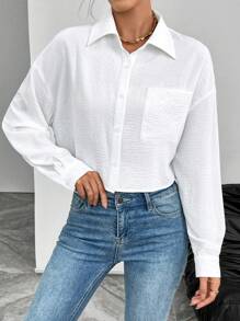 EMERY ROSE 休闲百搭时尚长袖单襟翻领纽扣女式衬衫，随机花卉印花设计 - 白色 - 查看 3