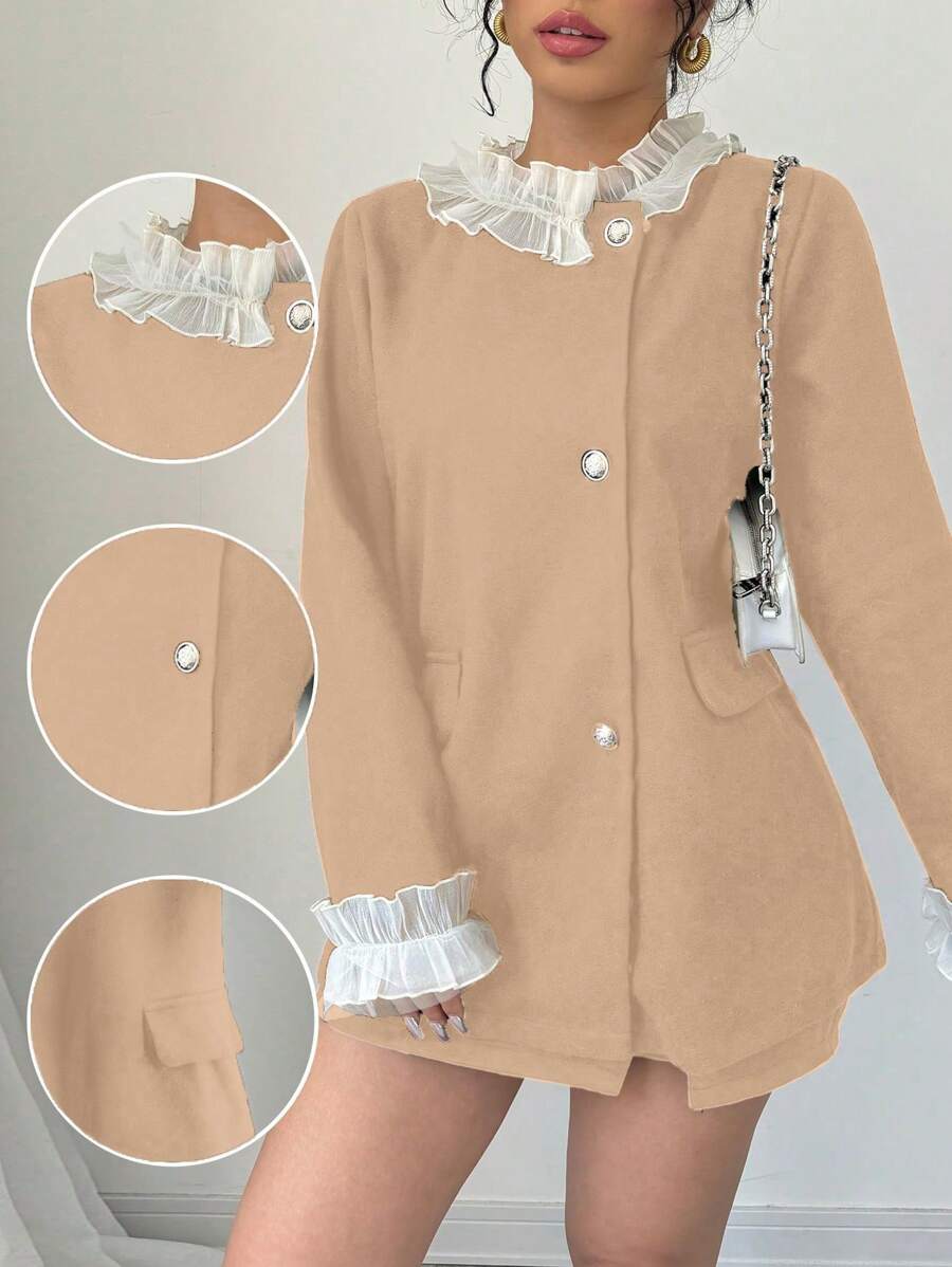 SHEIN Unity Women's Solid Color Contrast Patchwork Front Button Long Sleeve Pocket Casual Jacket Fall Cloth For Women - Khaki - View 1