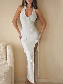 SHEIN ICON Đầm hở lưng hở vai gợi cảm 3D trang trí hoa cho nữ - Màu be - Xem 4