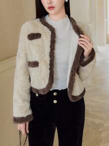 EastFlair Women Casual Contrast Trim Fluffy Trim Jacket, Autumn/Winter - Chocolate Brown - View 7