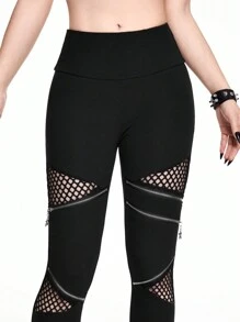 ROMWE Goth 哥特式五角星拉链装饰镂空拼布女式紧身打底裤 - 黑色 - 查看 5