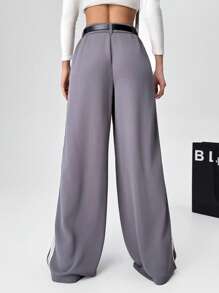 SHEIN EZwear Pantalones de pierna ancha de corte recto con rayas laterales de unicolor para mujeres - Gris - Ver 2
