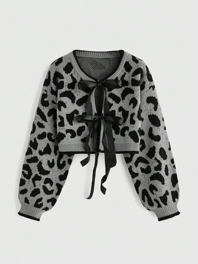 Kawaii Cardigan leopardato con fiocco e collega per donne, stile Y2K, spalle cadenti, maniche lunghe, adatto per autunno/inverno