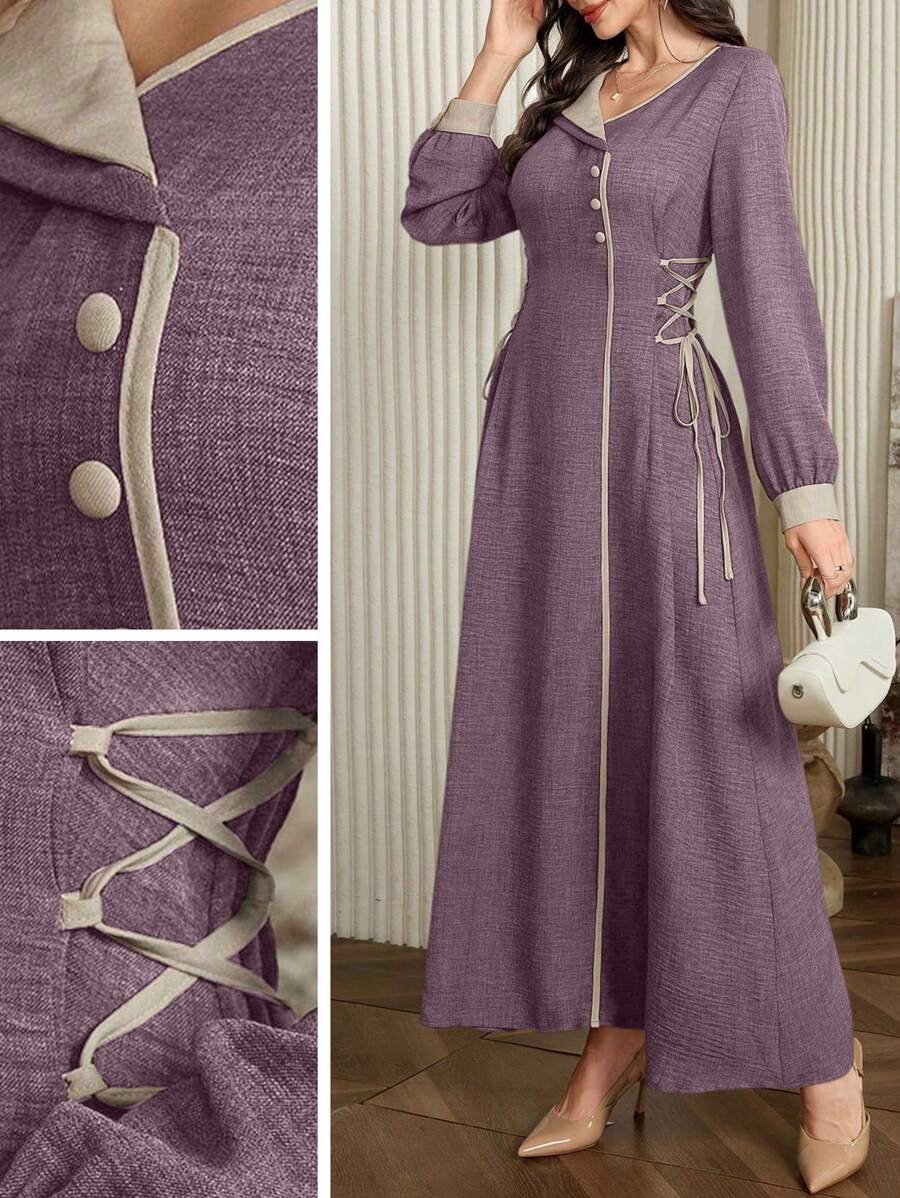 Modelyn Color-Block Trim Drawstring Waist Slim Strap Midi Dress Fall Cloth For Women - Purple - View 1