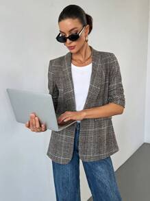 SHEIN Essnce 女士披肩领长袖口袋格子简约休闲西装外套 - 彩色 - 查看 6