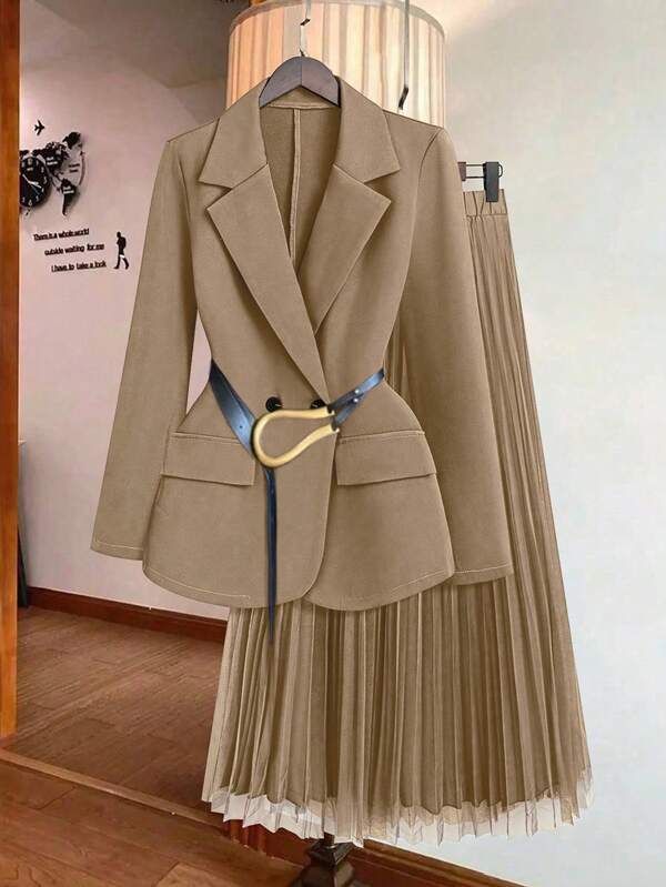 Franclia Ensemble casual femme avec blouse à manches longues col plat minimaliste avec boutons devant et jupe