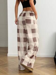 Coolane Women's Casual Front Tie Plaid Pocket Trousers - Multicolor - View 2