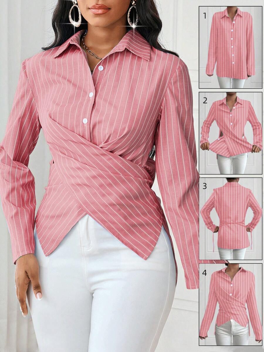 SHEIN Lady 四季有袖上衣女装衬衫秋季衬衫纽扣女士衬衫秋装休闲复古办公室蓝色条纹编织衬衫领开叉包边条纹新款中长款长袖衬衫 - 紅色 - 查看 1