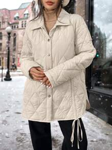 Chiquease Women Drawstring Design Warm Casual Padded Padded Coat Clothes Winter Thermal - Khaki - View 6