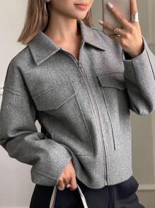 DAZY 1pc Women's Solid Color Loose Long Sleeve Zipper Collar Jacket,Fall Women Clothes Women Coats - Grey - View 4