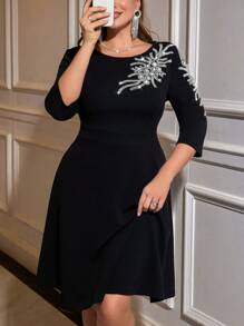 SHEIN Clasi Curvy Plus Size Women's Elegant Rhinestone Embellished Waist A-Pitch Midi Dress, Suitable For Autumn And Winter, Guest Party Party Prom Sparkly Dress, Going Out - Black - View 6