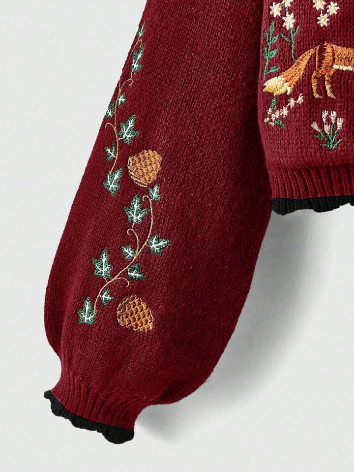 Our Fairycore Women's Autumn/Winter Fox Embroidery Colorblocking V
