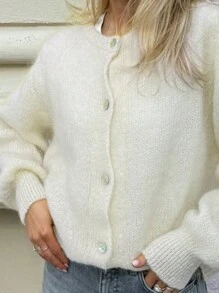 INAWLY 女士休闲纯色宽松落肩开衫，秋冬季百搭设计 - 白色 - 查看 4