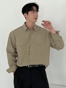 DAZY 1 pieza Camisa casual de un solo pecho con bolsillo utilitario de unicolor y manga larga para hombres, otoño