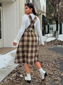 SHEIN Franclia Plus Size Retro Diepe V-hals Geruite Tweed Pinafore Jurk