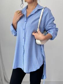 Chiquease 女士条纹领带高低休闲衬衫，韩版欧式