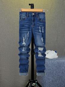 SHEIN Tween Boys Fashion Distressed Denim Jeans, Suitable For Casual Daily Wear - Dark Wash - View 1