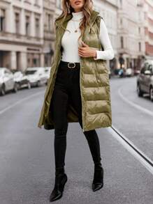 SHEIN Clasi 1 chiếc áo khoác dài vừa phải có mũ trùm đầu màu xanh lá cây dành cho nữ - màu xanh lá - Xem 3