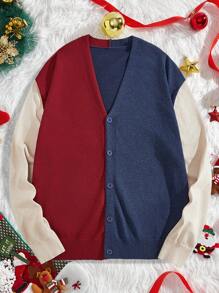 Manfinity VCAY 男士修身休闲针织撞色长袖开衫，适合秋季和圣诞节穿着