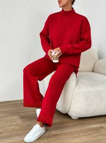 EURMUSE Mock Neck Drop Shoulder Sweater & Knit Pants