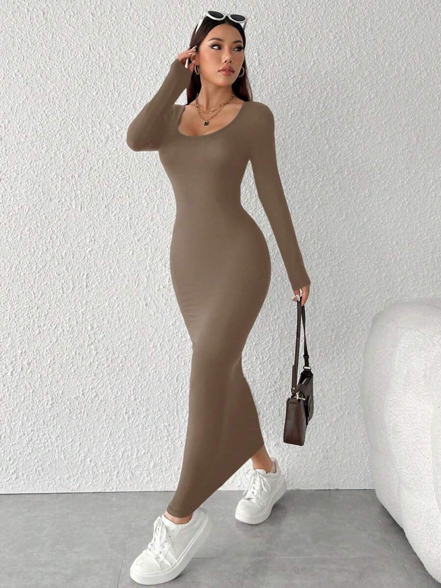 SHEIN PETITE Ladies Solid Color Round Neck Long Sleeve Slim Fit Casual Long Dress, Autumn - Coffee Brown - View 1