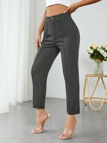 SHEIN PETITE High Waist Press Crease Tapered Black Summer Pants - Dark Grey - View 5