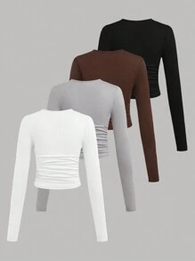 SHEIN Girlism Teen Girl Buy 1 Get 3 Free 4pcs/Set /Black White Gray Brown/Knit Solid Color Round Neck Ruched Long Sleeve T-Shirt