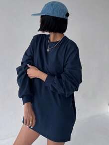 DAZY Áo thun trơn dài tay cổ tròn rộng rãi, hở vai cho nữ, trang phục mùa thu - Màu xanh hải quân - Xem 4