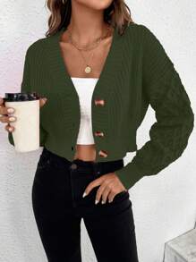 Chiquease Áo len cardigan ngắn thời trang họa tiết trơn màu sáng - xanh quân đội - Xem 3