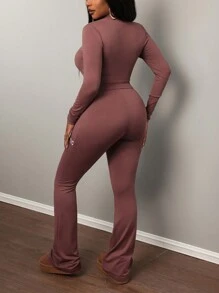 Slaydiva Bộ đồ nữ 2 món: áo dài tay có khóa kéo in chữ, chất liệu co giãn cao, dáng ôm, kiểu dáng thường ngày, gồm áo và quần. - Cà phê nâu - Xem 2