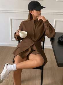 Livesso 女士休闲纯色长袖立领二合一长款宽松衬衫，春季、秋季服装，返校服装