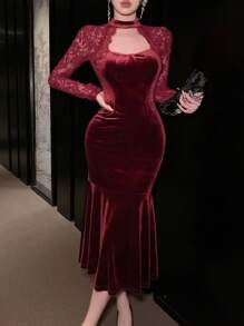 DAZY 女士丝绒蕾丝拼接性感长袖中长连衣裙，适合圣诞派对、返校、正式场合、秋冬季舞会礼服、圣诞节优雅女士连衣裙、新年夜礼服 - 酒紅色 - 查看 2