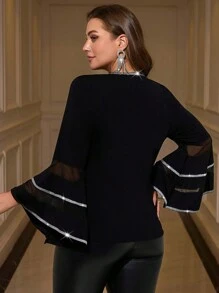 Gownix Curvy Plus Size Women's Black Crystal Sparkle Embellished Mesh Contrast Elegant Long Sleeve T-Shirt For Fall And Winter