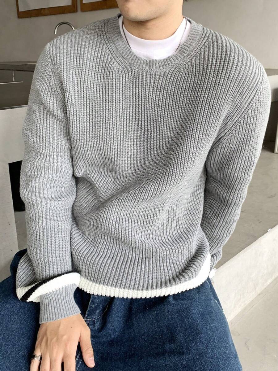 Manfinity CasualKnits Men's Casual Crew Neck Contrast Color Knitted Pullover Sweater - Grey - View 1