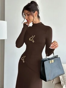 Firerie Đầm đuôi cá tay dài ôm sát cổ kim loại thời trang thanh lịch, thiết kế tối giản để đi chơi, mùa thu/đông - màu nâu - Xem 5