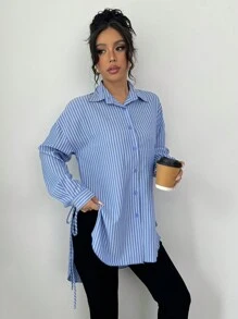 Chiquease 女士条纹领带高低休闲衬衫，韩版欧式