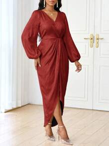 SHEIN Lady Vestido largo elegante de mujer dorado para fiesta, ideal para invitados de boda, eventos de gala, bailes de graduación, cenas elegantes - Burdeos - Ver 4