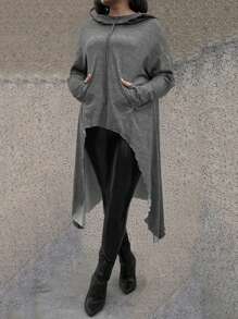 SHEIN LUNE Plus rozmiar Jednolita kolorowa bluza ze sznurkiem i kieszeniami, codzienne noszenie - Ciemnoszary - Zobacz 1