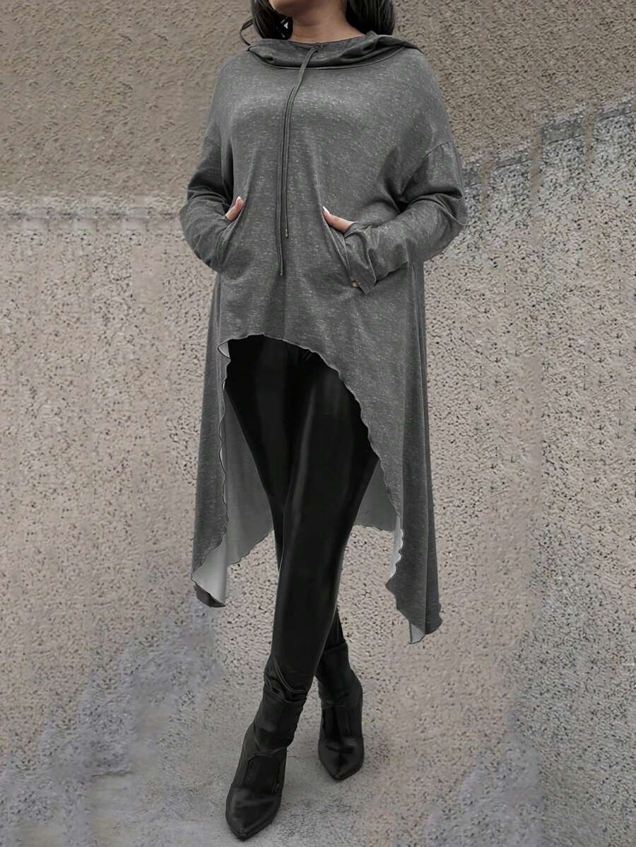 SHEIN LUNE Plus rozmiar Jednolita kolorowa bluza ze sznurkiem i kieszeniami, codzienne noszenie - Ciemnoszary - Zobacz 1