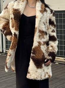 Calvaya Plus Size Fluffy Long Sleeve Mid-Length Coat With Sheep Pattern - Multicolor - View 6