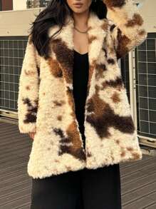Calvaya Plus Size Fluffy Long Sleeve Mid-Length Coat With Sheep Pattern - Multicolor - View 1