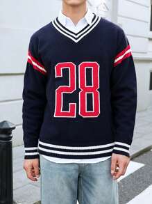 Manfinity Campus Court Men Casual Numerical Pattern V-Neck Loose Knit Sweater, Autumn/Winter - Multicolor - View 3