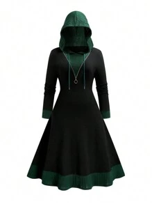 SHEIN LUNE Plus Size Solid Color Patchwork Front Zipper Long Sleeve Simple Hooded Casual Dress