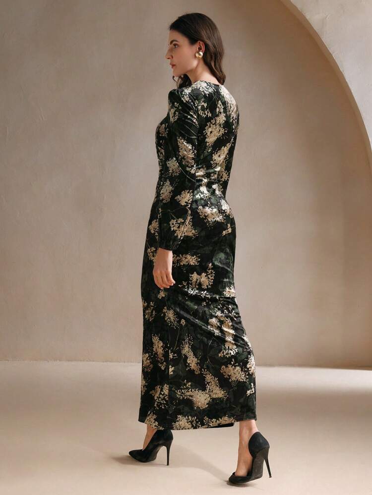 Vestido de manga larga elegante con estampado envolvente y cuello en V para fiesta de vacaciones, vestido largo de terciopelo para mujeres