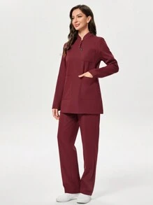 TaskEZ 2pcs Women Uniform Scrub Set, Including Long Sleeve Top And Pants, Wrinkle-Resistant, For Healthcare Workers - Burgundy - View 4