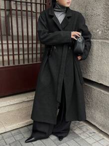 INAWLY Plus Size Solid Color Long Overcoat, Casual For Autumn/Winter - Dark Grey - View 3